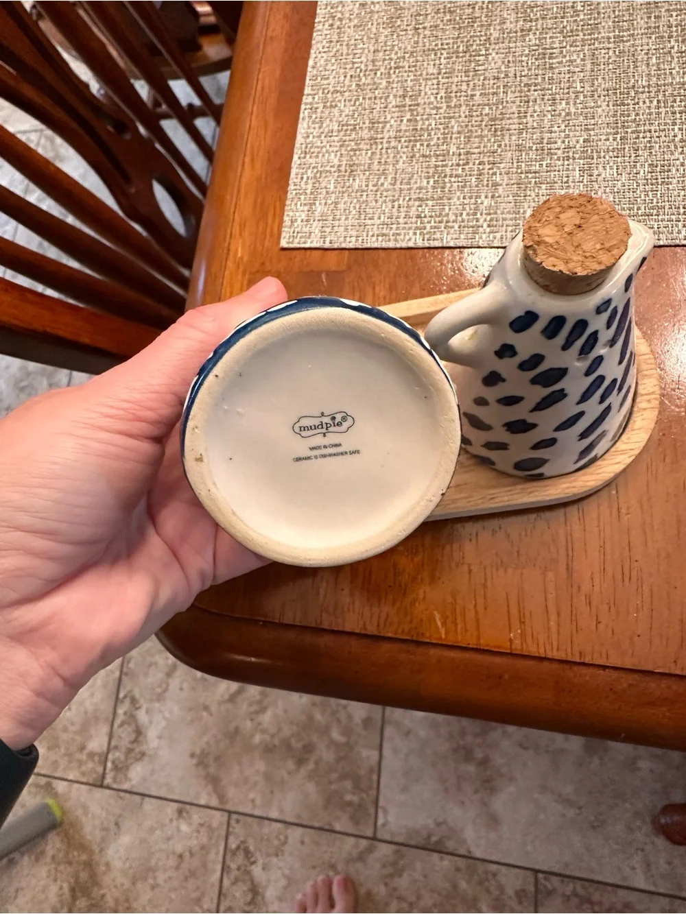 Mud Pie Blue and White Ceramic Salt and Pepper Shakers on Wood Tray